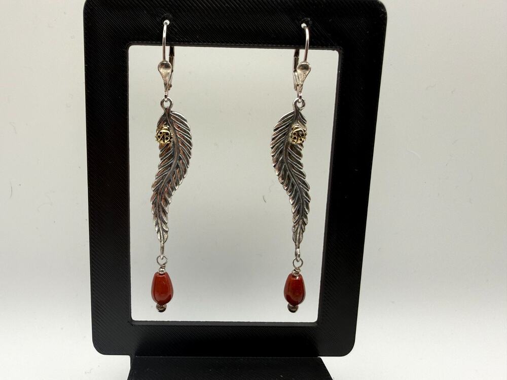 Carolyn Pollack Sterling Brass Ladybug on Feather Dangle Earrings Coral Bead VTG